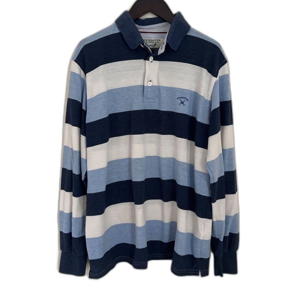 KEVINGSTON Authentic Long Sleeve Cotton Striped Rugby Shirt, Blue/White- Medium
